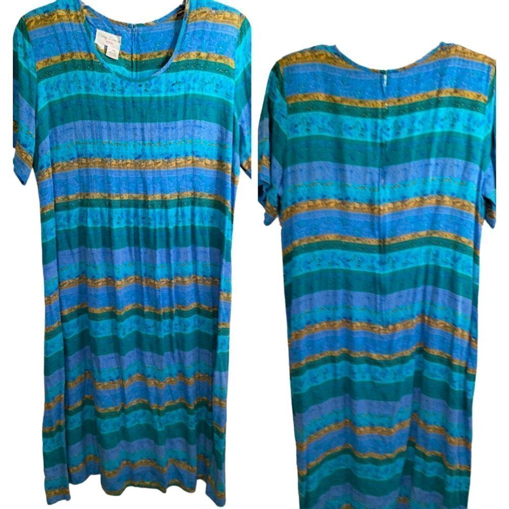 (853) Betsy Lauren Vtg 80's Blue Green Stripe Floral Print Maxi Dress Size 16W